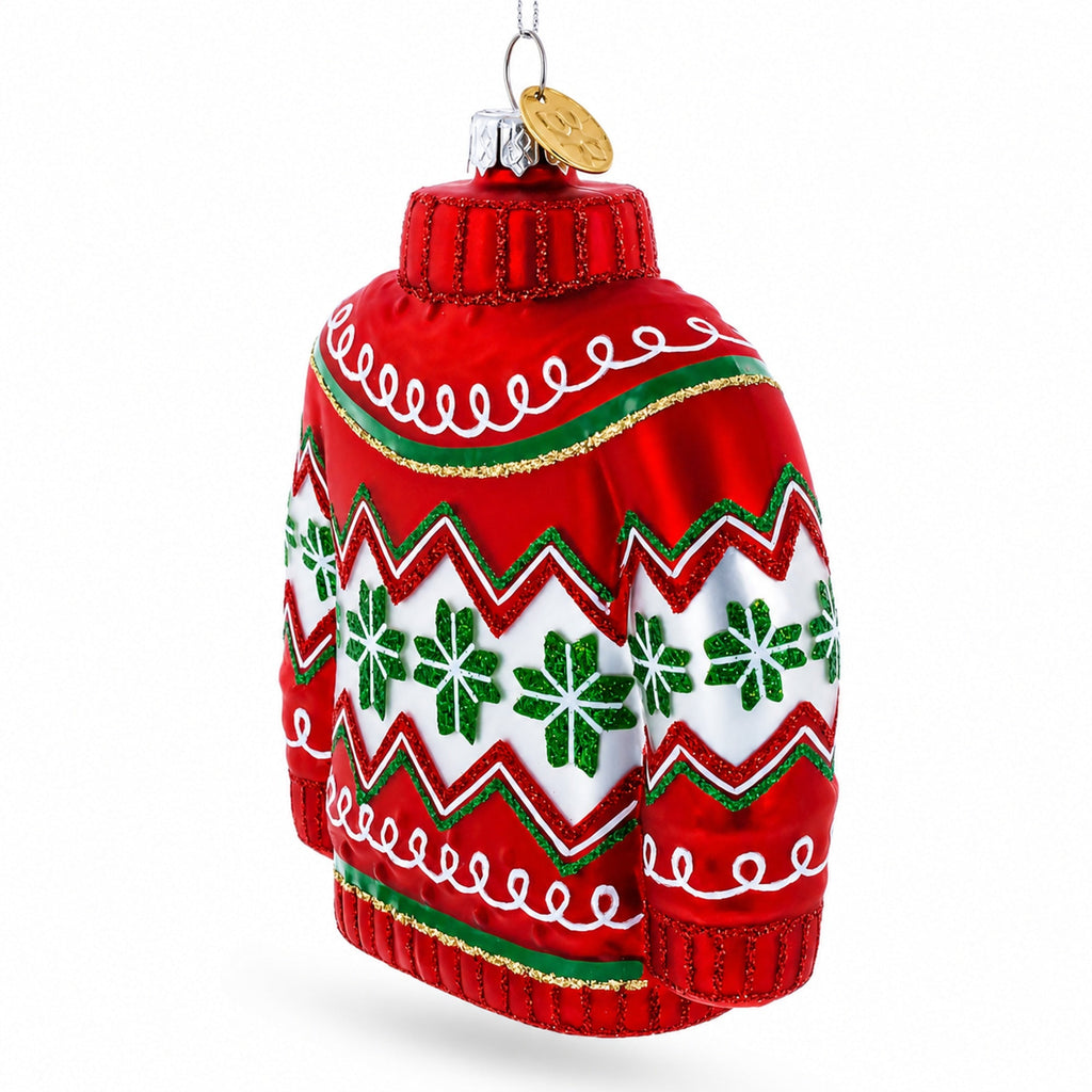 Holiday Knit Sweater with Snowflake Pattern Glass Christmas Ornament