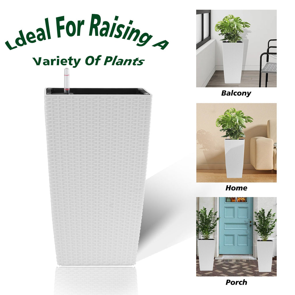 Indoor/Outdoor Modern Faux Rattan Design Square Planter, 22.6 inch White Plastic Large Planter with Automatic Watering System for Home and Garden (White, 22.6 inch - 2 Pack)