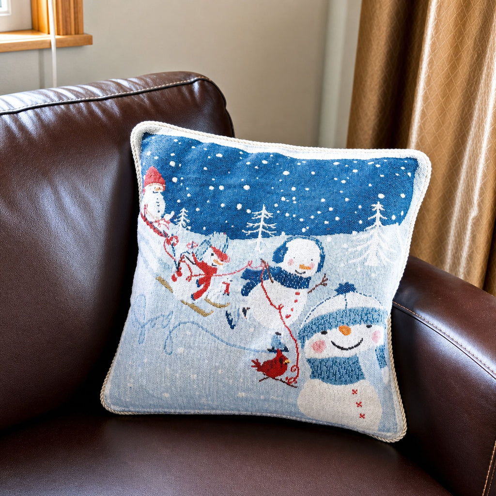 Set of 2 Snowmen Enjoying Winter Sport Parade Christmas Throw Cushion Pillow Covers