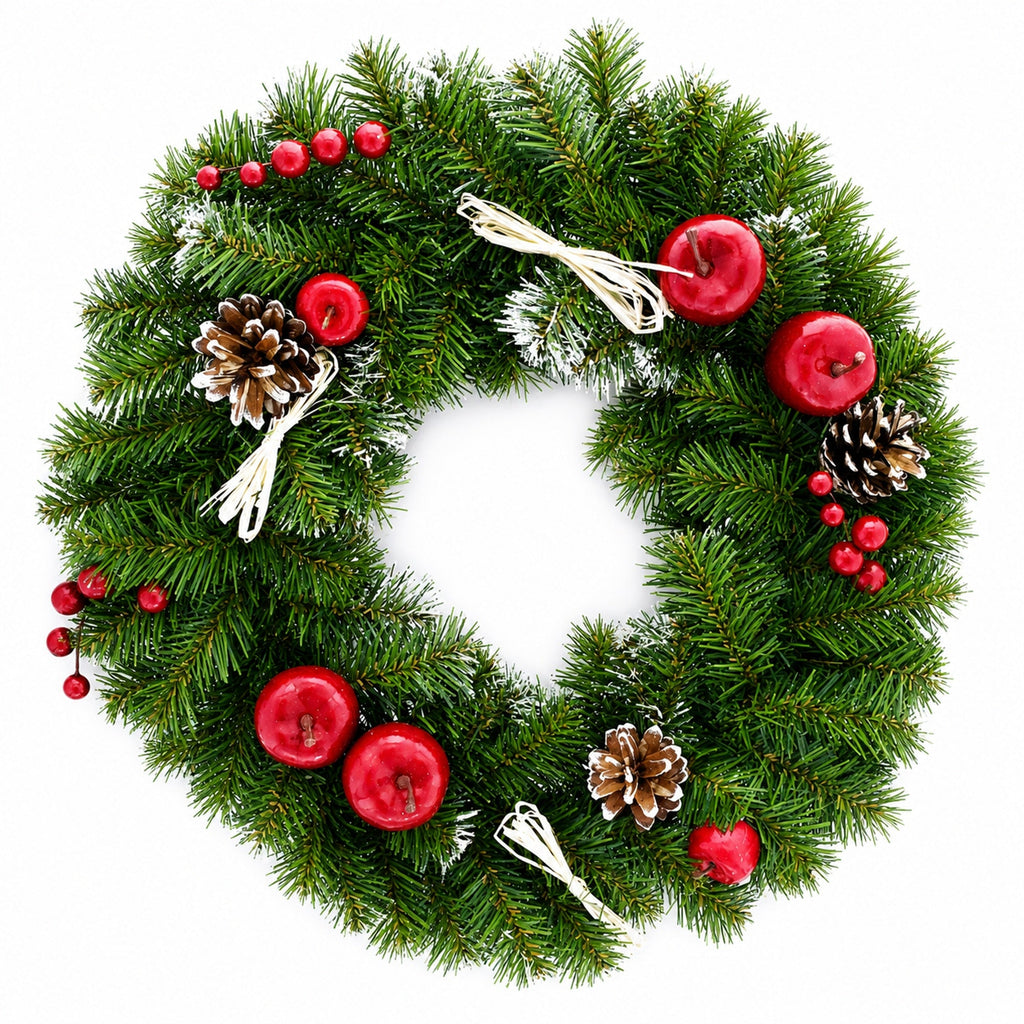 Ukrainian Christmas Wreath w. Frosted Straw Bows, Apples & Pine Cones 16 Inches