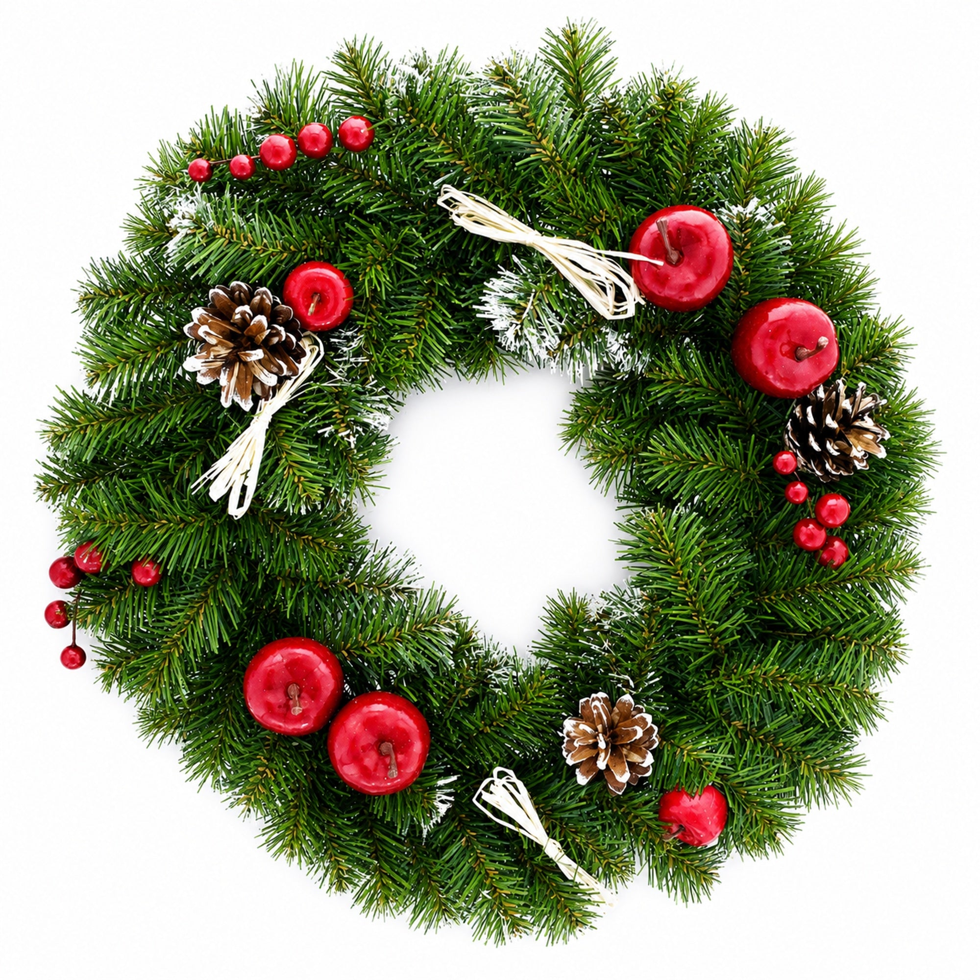 Ukrainian Christmas Wreath w. Frosted Straw Bows, Apples & Pine Cones 16 Inches