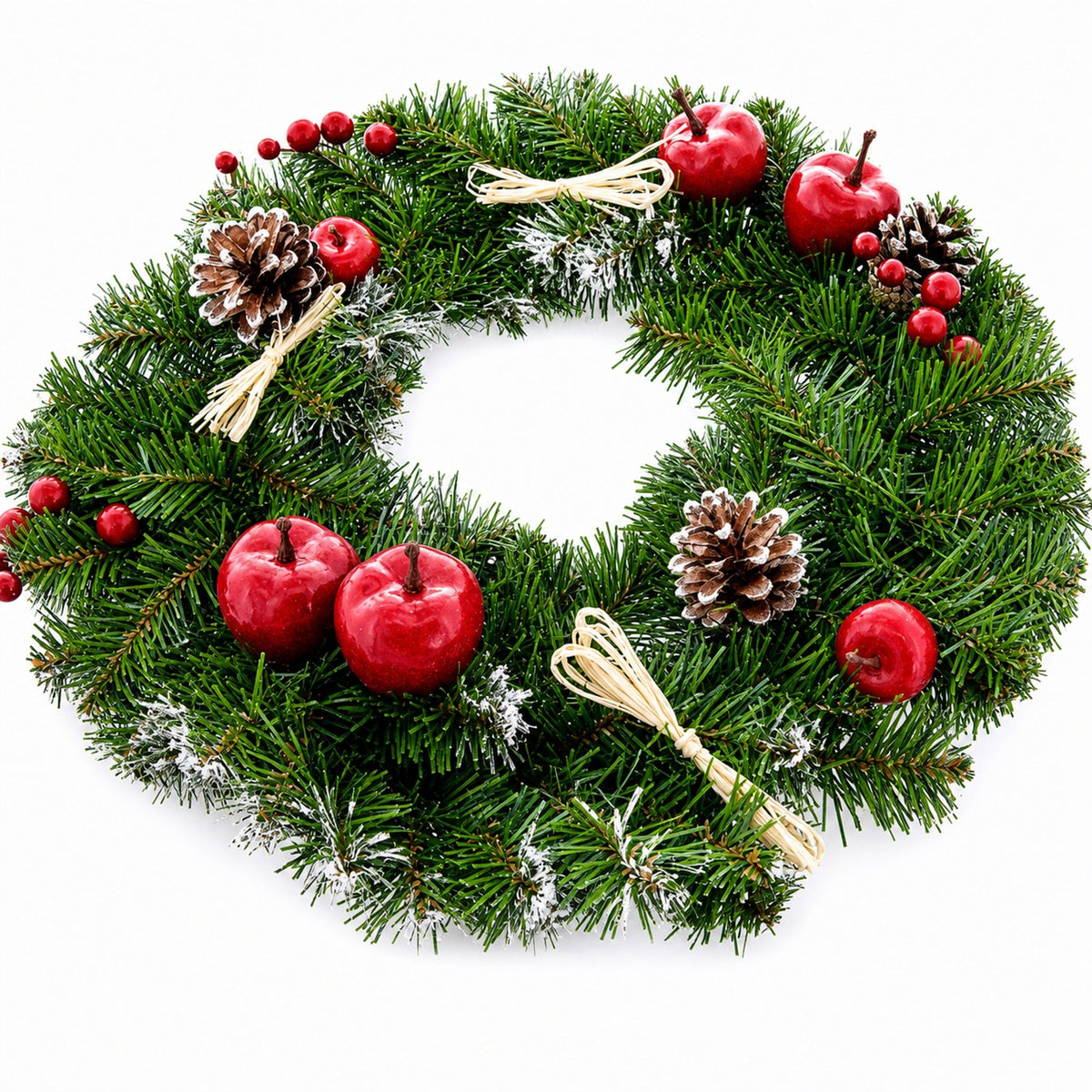 Ukrainian Christmas Wreath w. Frosted Straw Bows, Apples & Pine Cones 16 Inches